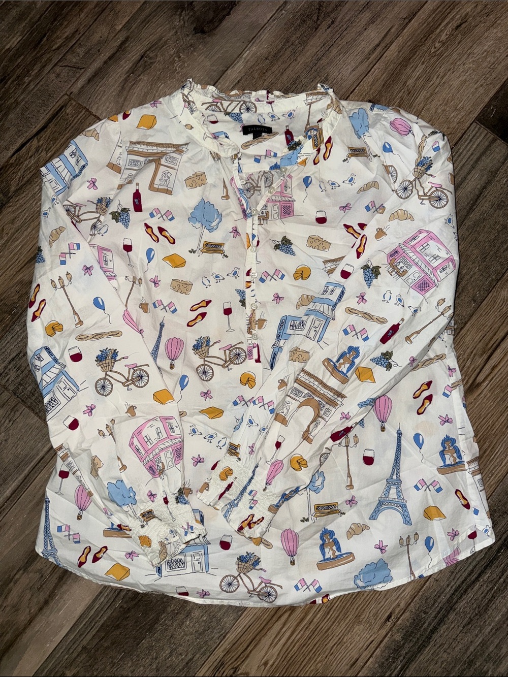 Talbots White Paris-Print Long-Sleeve Blouse